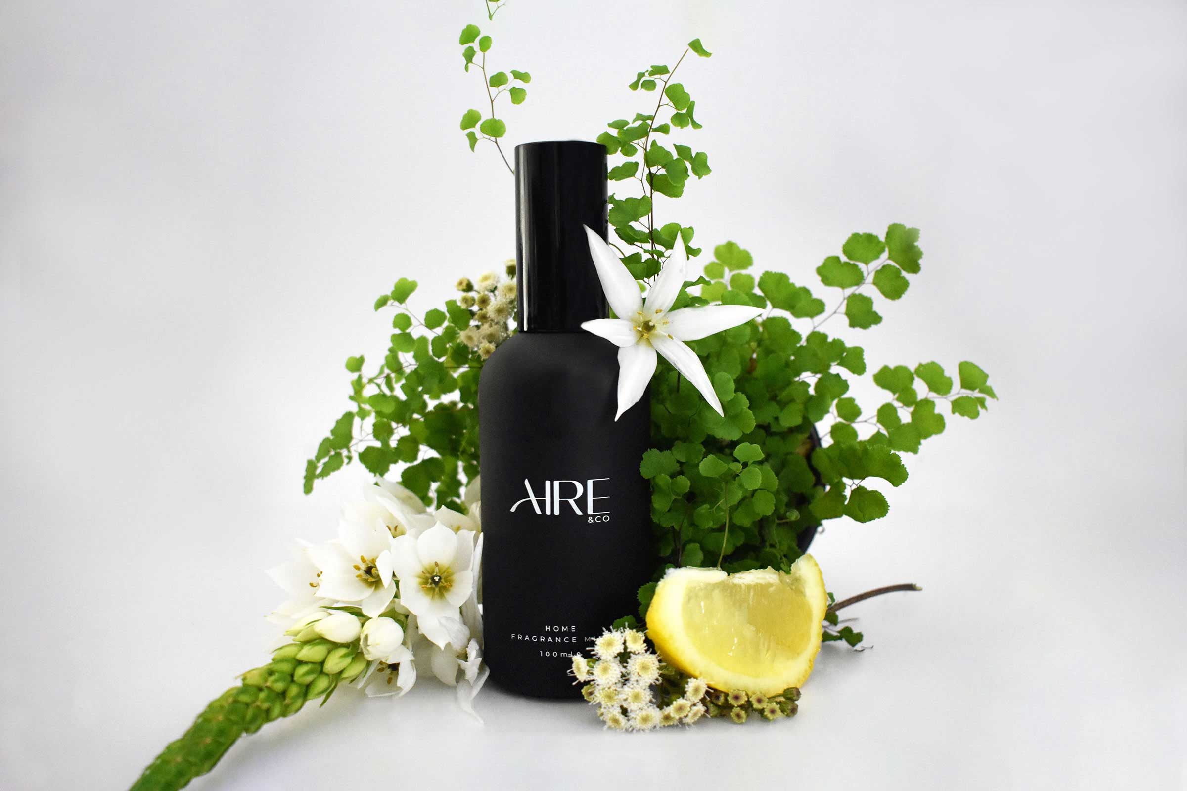 Bloom home fragrance mist by Aire & Co with bergamot, lemon peel and white flowers.