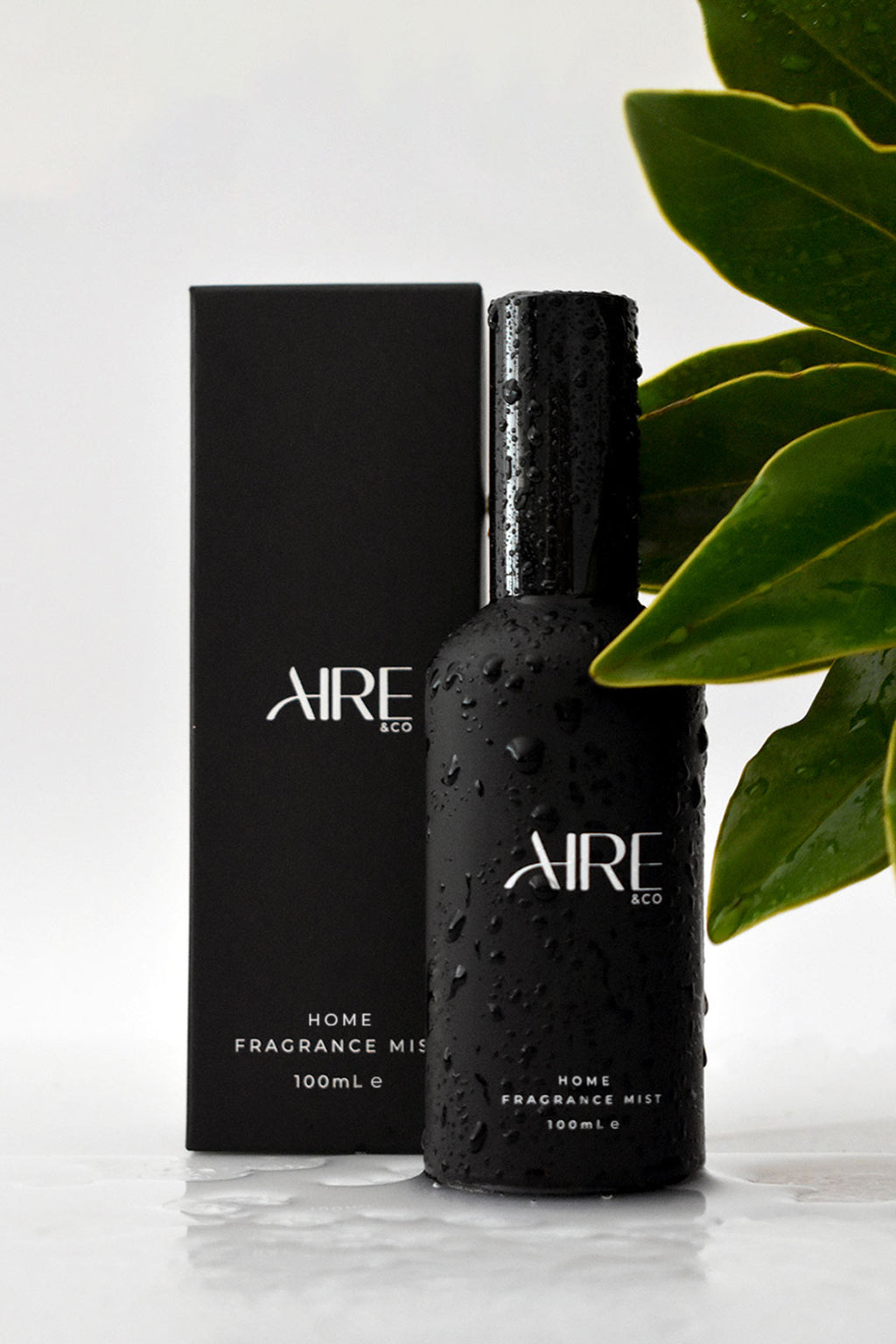 Ocean home fragrance mist bottle by Aire & Co with green leaves. Australian-made coastal room spray