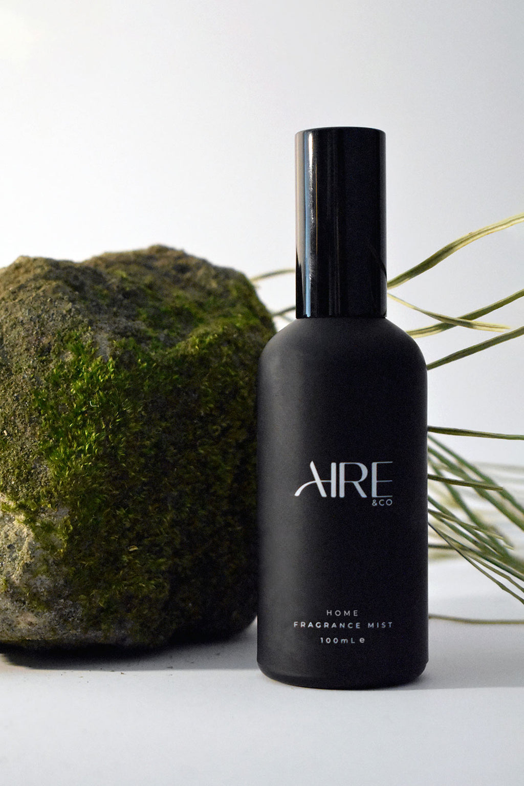 Palm Aire & Co home fragrance mist bottle with a rock and plant in the background