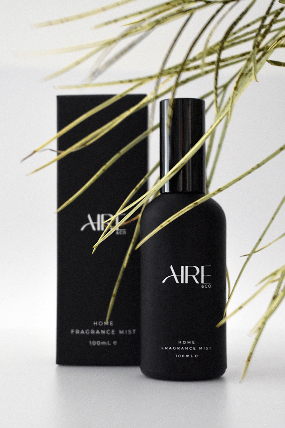 Palm Aire & Co home fragrance mist bottle and packaging with green leaves on a light background