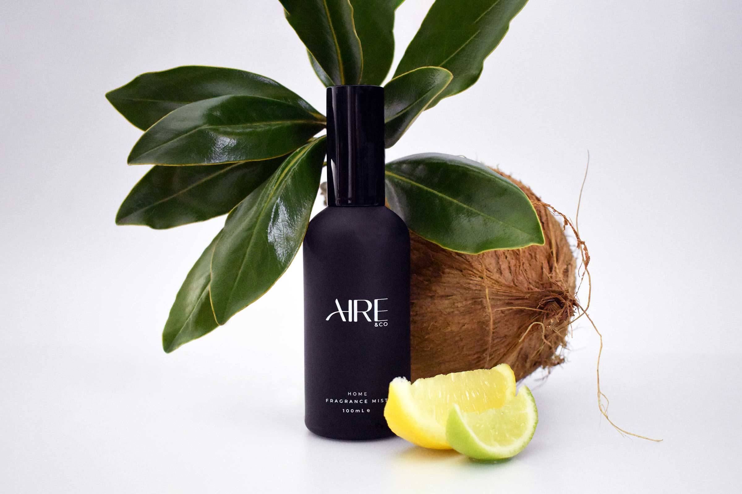 Palm Aire & Co home fragrance mist bottle with leaves, slice of lemon, slice of lime and coconut on a white background